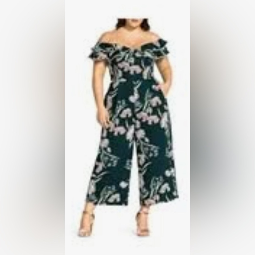 Cityclassified Green Floral Off-Shoulder Wide-Leg Jumpsuit